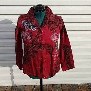 Denim & Co Red Embroidery/Leopard Print Jacket